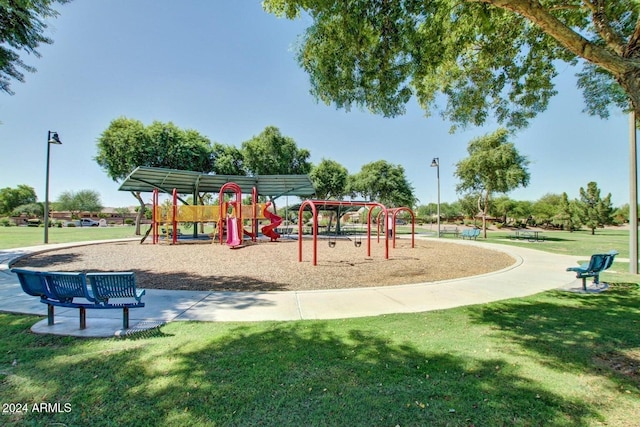 view of jungle gym featuring a yard