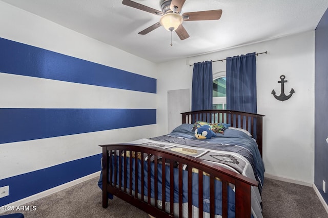 bedroom featuring carpet, a ceiling fan, and baseboards