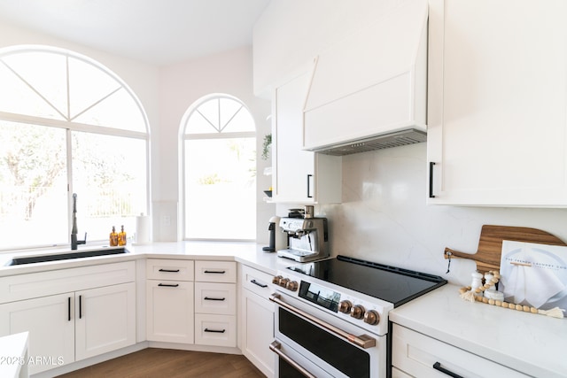 kitchen featuring a sink, white cabinetry, and double oven range