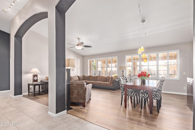 dining room featuring ceiling fan and light hardwood / wood-style flooring