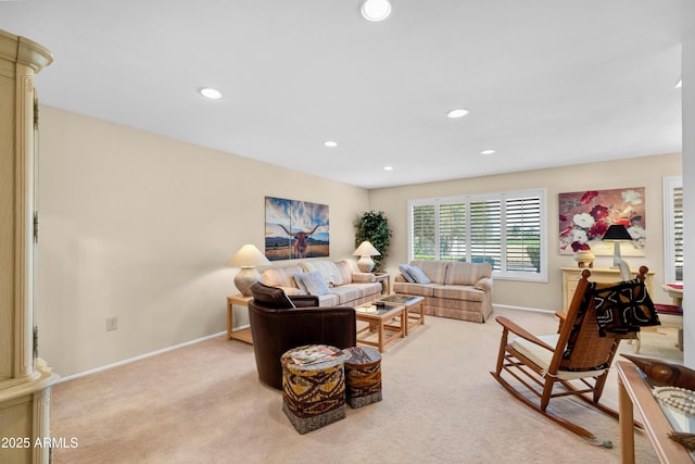 living room featuring light colored carpet