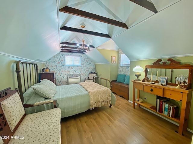 bedroom with wallpapered walls, lofted ceiling with beams, and wood finished floors