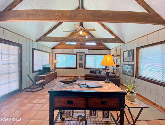 tiled living room with lofted ceiling with beams, a wall mounted air conditioner, and ceiling fan