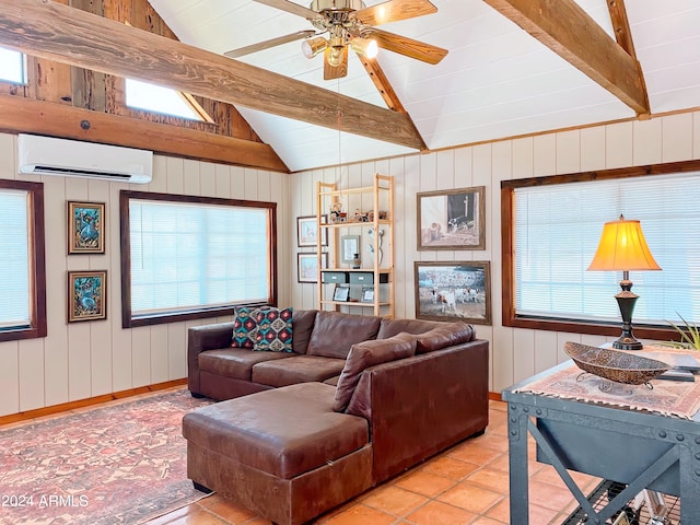 living room featuring light tile patterned flooring, a healthy amount of sunlight, an AC wall unit, and ceiling fan