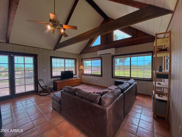 living room featuring vaulted ceiling with beams, ceiling fan, a wall mounted air conditioner, and wooden walls