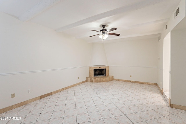 1446 E Grovers Ave Unit 13, Phoenix, AZ 85022 - unfurnished living room featuring beamed ceiling, a tile fireplace, light tile patterned floors, and ceiling fan