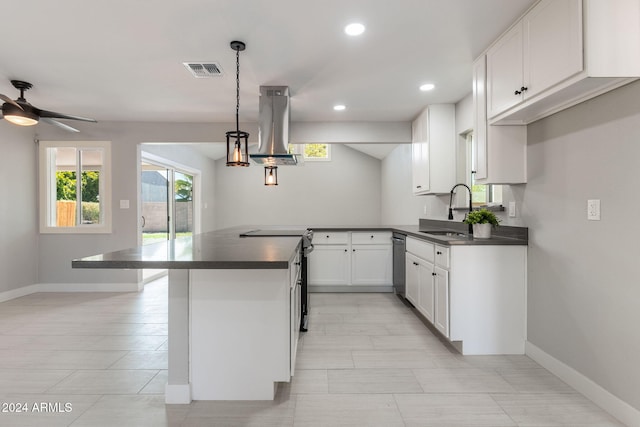 kitchen with white cabinetry, sink, hanging light fixtures, island range hood, and appliances with stainless steel finishes