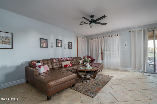 tiled living area featuring visible vents, ceiling fan, and baseboards