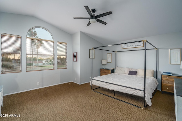 carpeted bedroom with vaulted ceiling, a ceiling fan, and baseboards