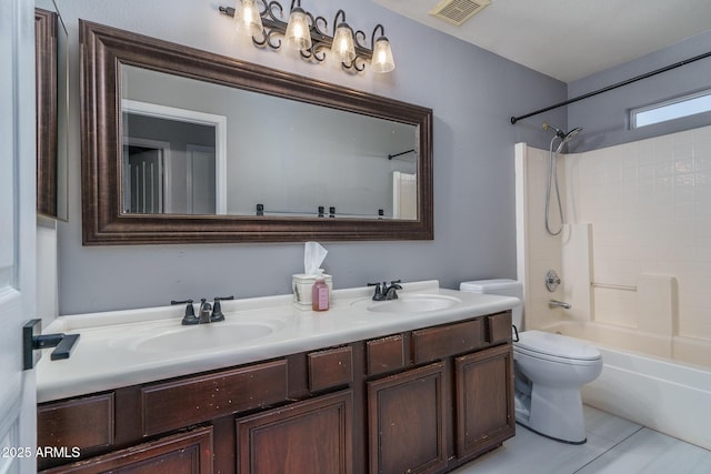 bathroom featuring visible vents, a sink, toilet, and double vanity