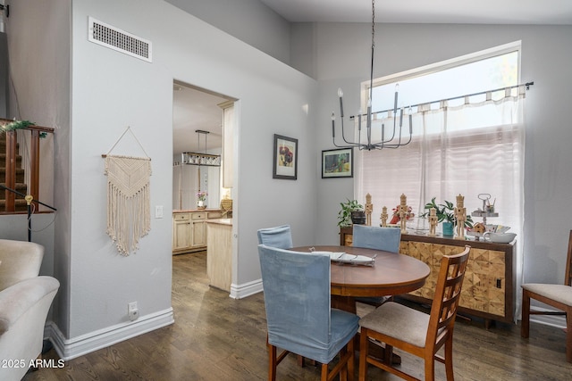 dining area with vaulted ceiling, visible vents, dark wood finished floors, and baseboards