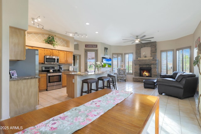 dining area with rail lighting, a stone fireplace, a ceiling fan, and light tile patterned flooring
