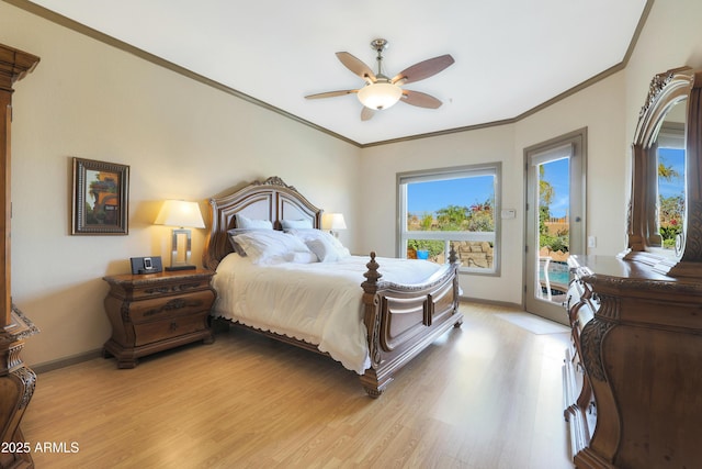 bedroom with crown molding, baseboards, access to outside, and light wood finished floors