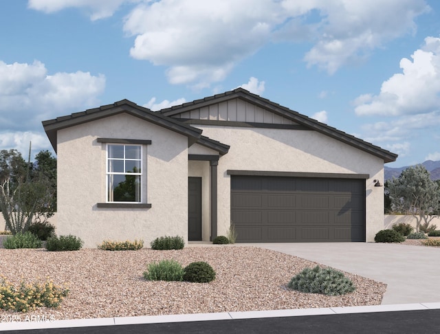 ranch-style house with concrete driveway, a garage, and stucco siding