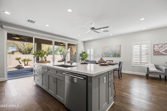 kitchen with gray cabinetry, a sink, visible vents, a healthy amount of sunlight, and stainless steel dishwasher