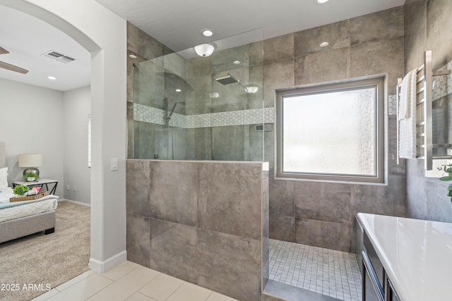 full bath featuring a walk in shower, tile patterned flooring, recessed lighting, visible vents, and a ceiling fan