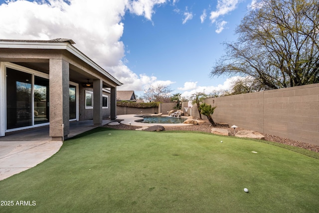 view of yard with a patio area and a fenced backyard