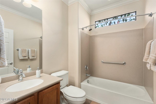 full bathroom with toilet, vanity, ornamental molding, and washtub / shower combination