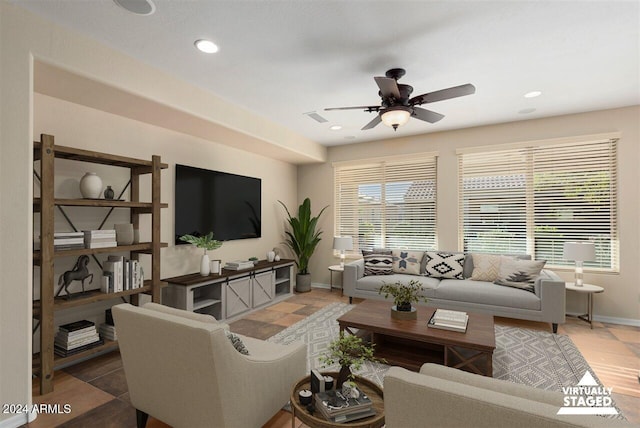 living room with ceiling fan