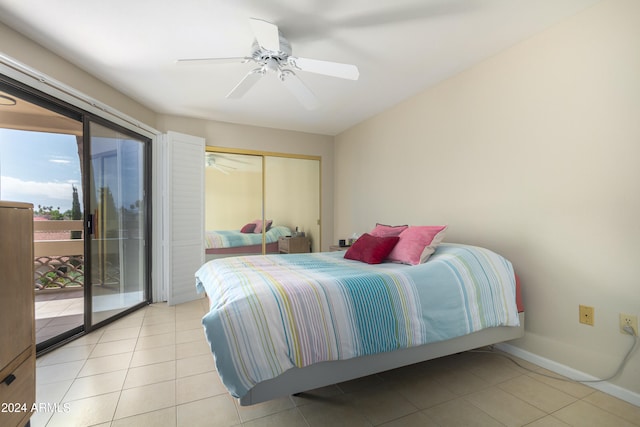 bedroom with ceiling fan, light tile floors, access to outside, and a closet