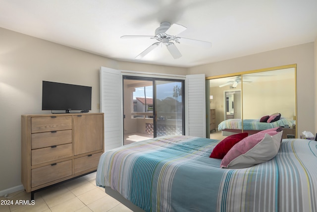 bedroom featuring ceiling fan, light tile floors, access to outside, and a closet