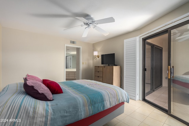 tiled bedroom with access to outside and ceiling fan