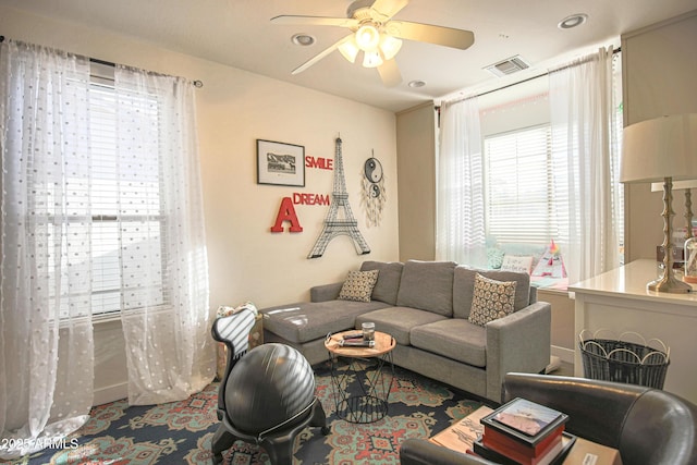 living room with ceiling fan