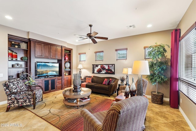 living room with ceiling fan