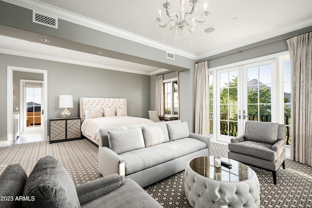 bedroom featuring french doors, a notable chandelier, ornamental molding, and access to outside