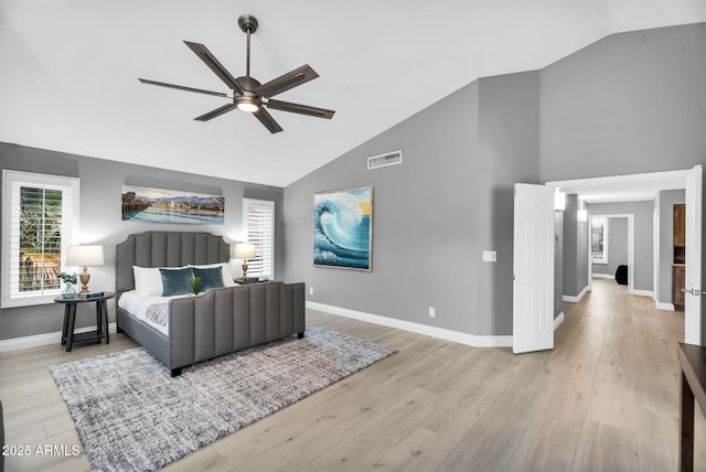 bedroom featuring a ceiling fan, baseboards, visible vents, high vaulted ceiling, and light wood-type flooring