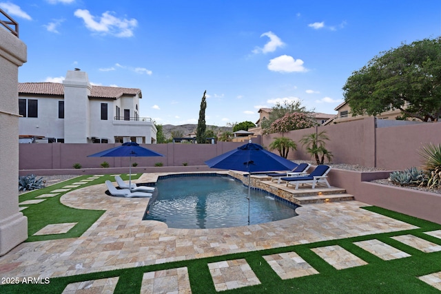 view of pool with a fenced in pool, a fenced backyard, and a patio area