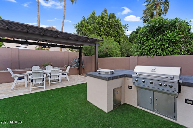 view of patio / terrace with grilling area, area for grilling, a pergola, and fence