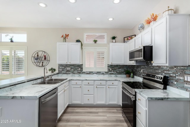 kitchen with white cabinetry, stainless steel appliances, sink, kitchen peninsula, and light wood-type flooring