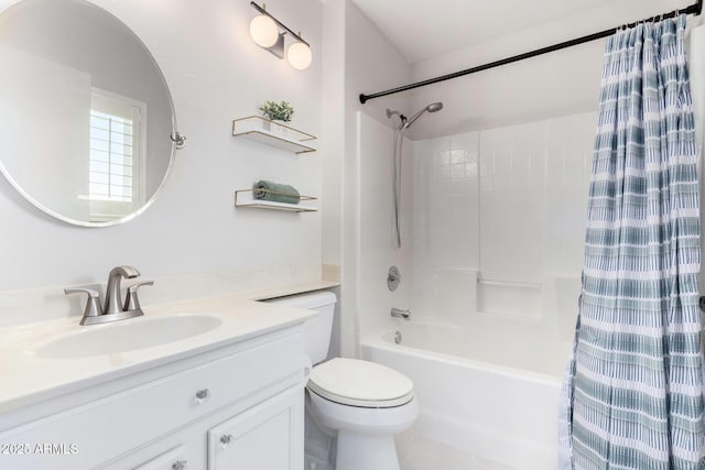 full bathroom with shower / bath combo with shower curtain, toilet, and vanity