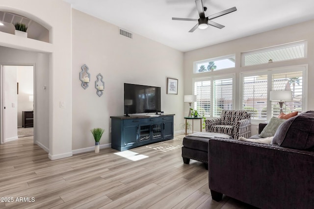 living room featuring ceiling fan and light hardwood / wood-style flooring