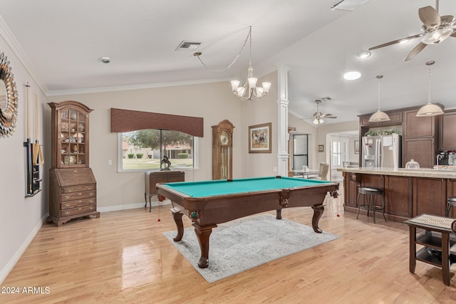 rec room featuring pool table, crown molding, ceiling fan with notable chandelier, lofted ceiling, and light wood-type flooring