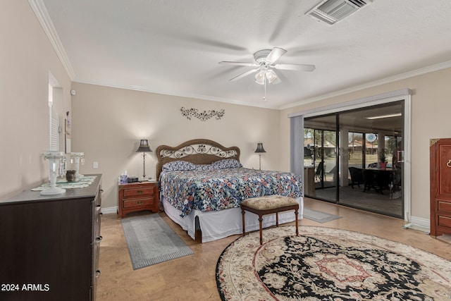 bedroom with ornamental molding, ceiling fan, and access to outside