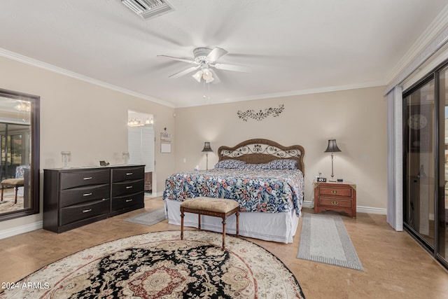 bedroom featuring crown molding, ceiling fan, and access to exterior