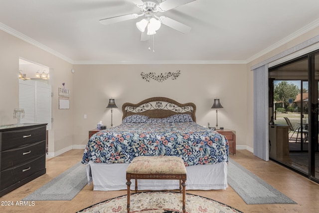 bedroom featuring ornamental molding, ceiling fan, and access to exterior