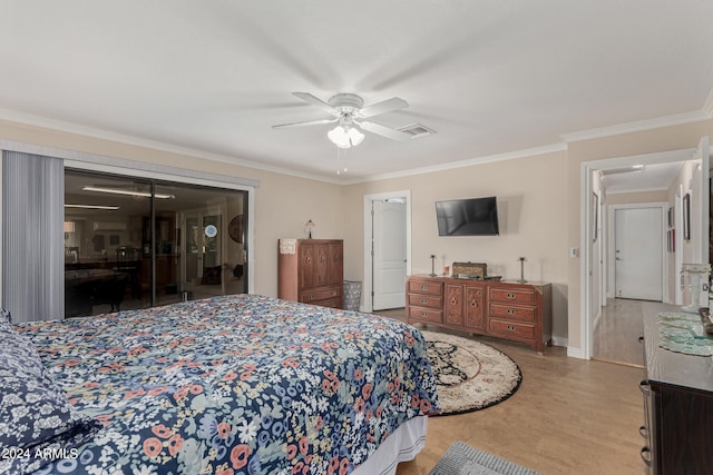 bedroom featuring access to outside, crown molding, ceiling fan, and hardwood / wood-style floors