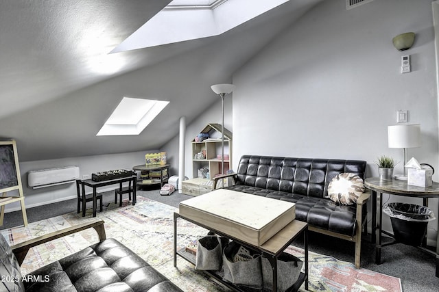 carpeted living room with lofted ceiling with skylight