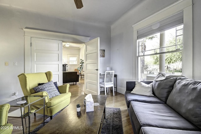 living room featuring hardwood / wood-style flooring and ceiling fan