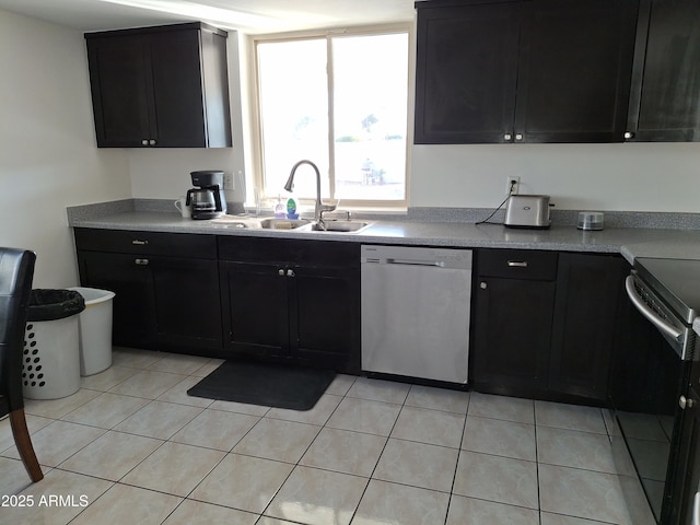 740 N Oracle, Mesa, AZ 85203 - kitchen featuring stainless steel dishwasher, stove, dark cabinetry, light tile patterned flooring, and light countertops