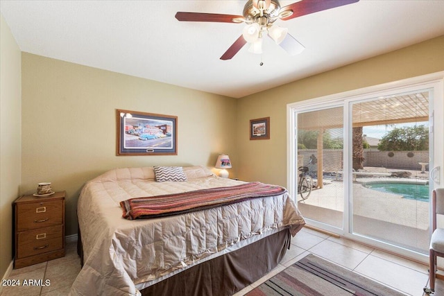 tiled bedroom featuring access to exterior and ceiling fan