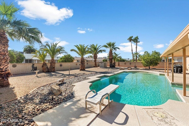 view of pool featuring a patio and a diving board