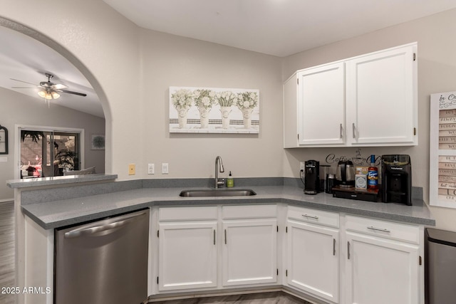 7826 W Mcrae Way, Glendale, AZ 85308 - kitchen featuring stainless steel dishwasher, a sink, white cabinets, a ceiling fan, and fridge
