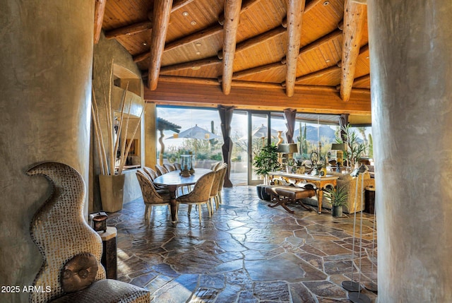 sunroom with wood ceiling and vaulted ceiling with beams