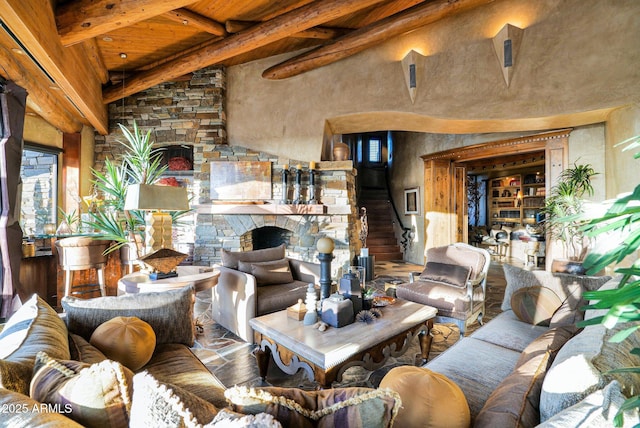 living room featuring beamed ceiling, a towering ceiling, wood ceiling, and wood-type flooring