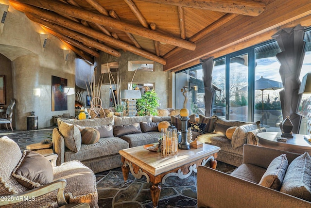 living room featuring beam ceiling, wood ceiling, and high vaulted ceiling