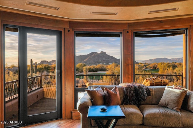 interior space featuring a mountain view and light hardwood / wood-style flooring